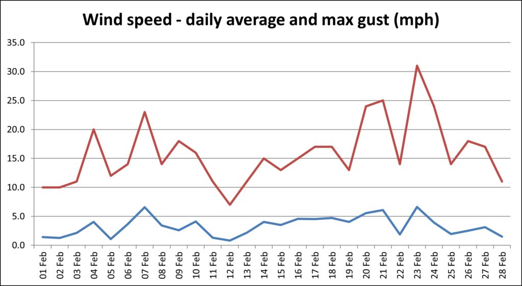 A graph showing the daily average and maximum wind speeds for the month