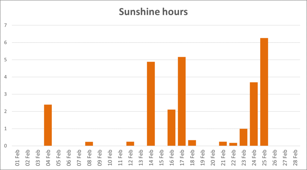 Bar chart of the hours of sunshine recorded each day